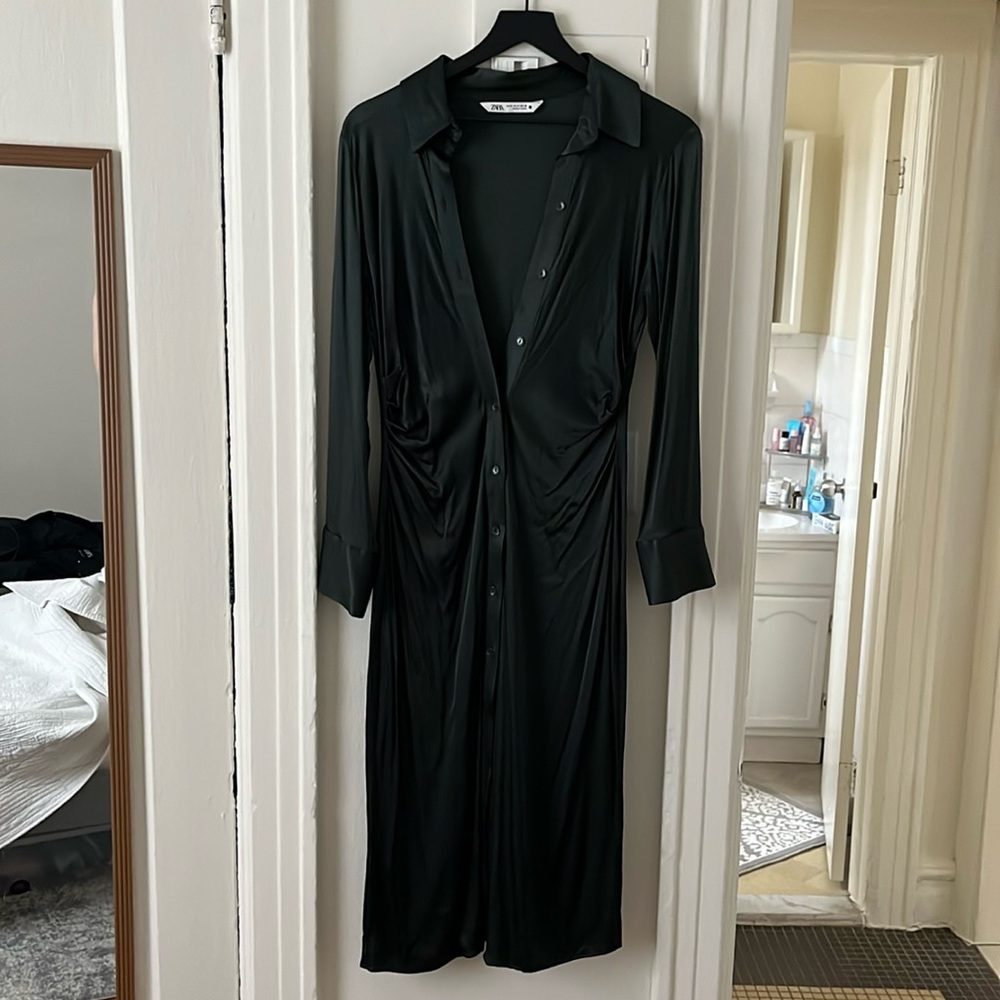 Zara Ruched Satin Effect Shirt Dress size M